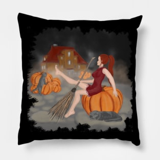 Witches and cats on the Halloween Pillow