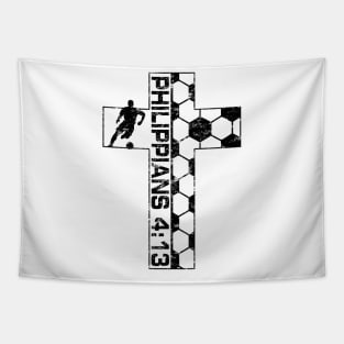 Philippians 4:13 Soccer Cross Black and White Christian Faith Tapestry