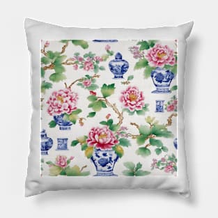 Peonies and chinoiserie jars pattern Pillow