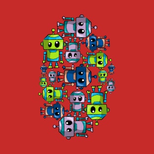 Whimsical Robot Stack – Colorful Cartoon Robot Pile T-Shirt