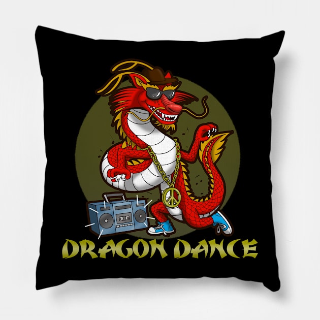 Funny Cool Cute Dancing Dragon Retro 80's 90's Music Boombox Urban Chinese New Year 2024 Cartoon Pillow by Originals By Boggs