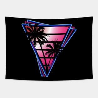 Retrowave style palm tree sunset pink wave Tapestry