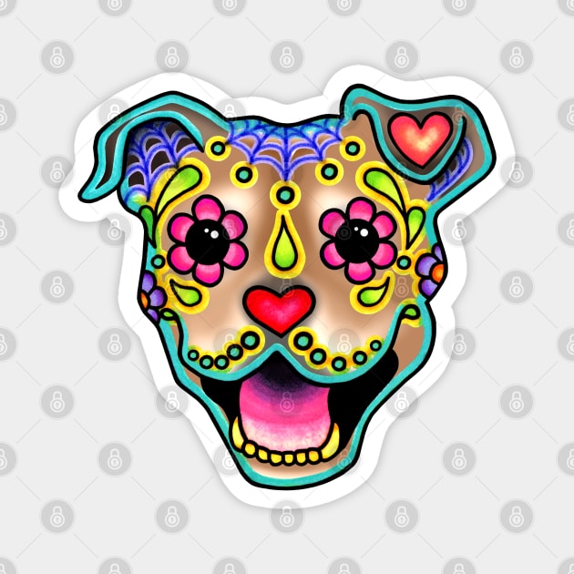 Smiling Pit Bull in Fawn - Day of the Dead Pitbull Sugar Skull Dog Magnet by prettyinink