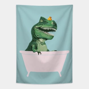 Playful T-Rex in Bathtub in Green Tapestry