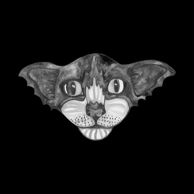 Watercolor black and white bat cat. by deadblackpony