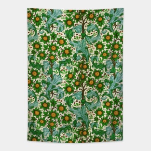 ORANGE TREE WITH BLUE GREEN LEAVES ,FLOWERS Floral Art Nouveau Pattern Tapestry