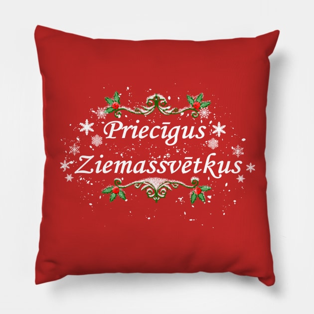 Merry Christmas (Latvian) Pillow by Penciligram