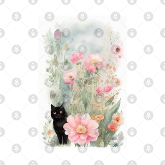 Black Cat  in the Flower Garden Soft Pastel Colours by Stades