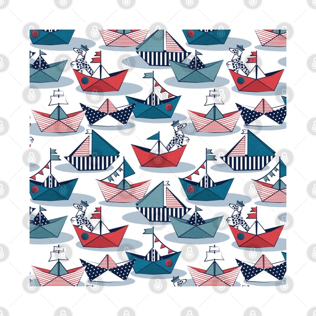 Origami dog day at the lake // pattern // white background red teal and blue origami sail boats with cute Dalmatian by SelmaCardoso