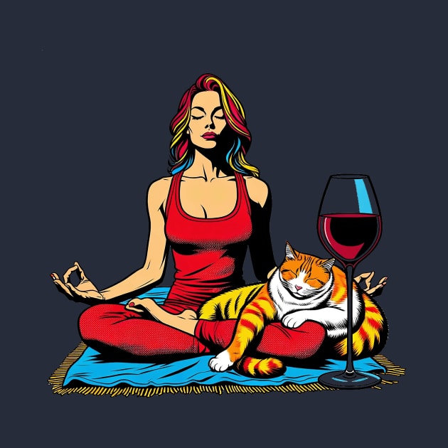Meditating Woman Cat Wine by Sideways Tees