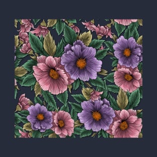 Lilac and pink flowers with green leaves. T-Shirt