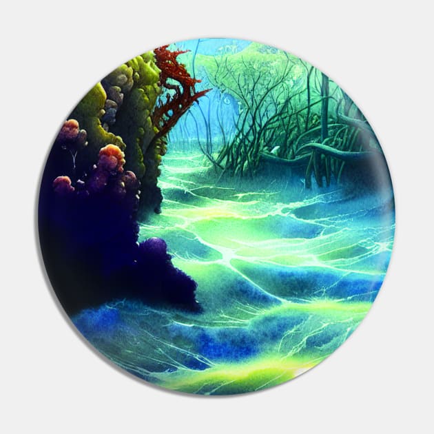 Mythical Plants in a Rough Sea with Big Waves, Scenery Nature Pin by Promen Art