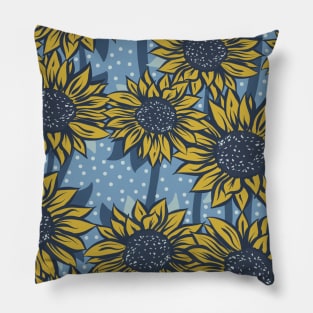 Blue and Yellow Sunflowers on a Blue Background with Polka Dots Repeat Pattern Pillow