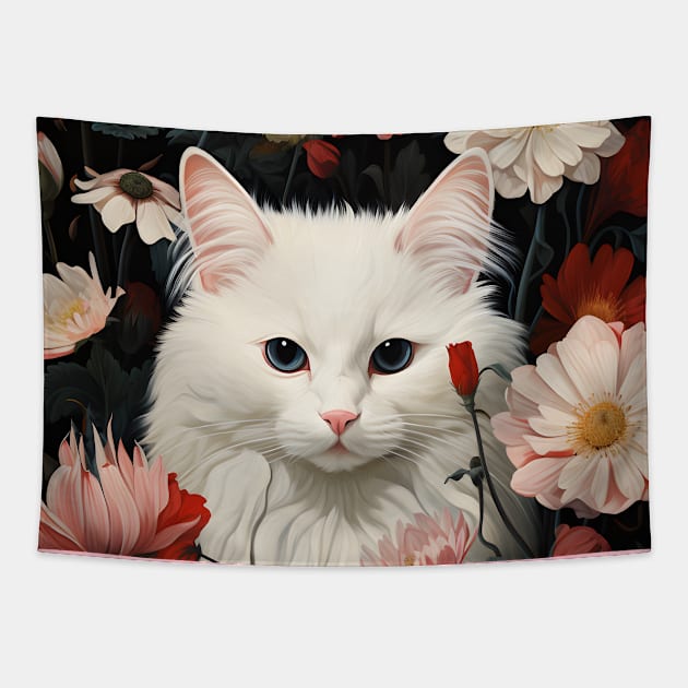 Feline Garden Delight: Retro Vintage Fluffy White Cat surrounded in Flowers Tapestry by KittyStampedeCo