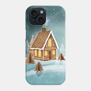 Gingerbread house moon and trees watercolor illustration. Fantasy candy world Christmas decorations. Snow hills. Magic winter forest Phone Case