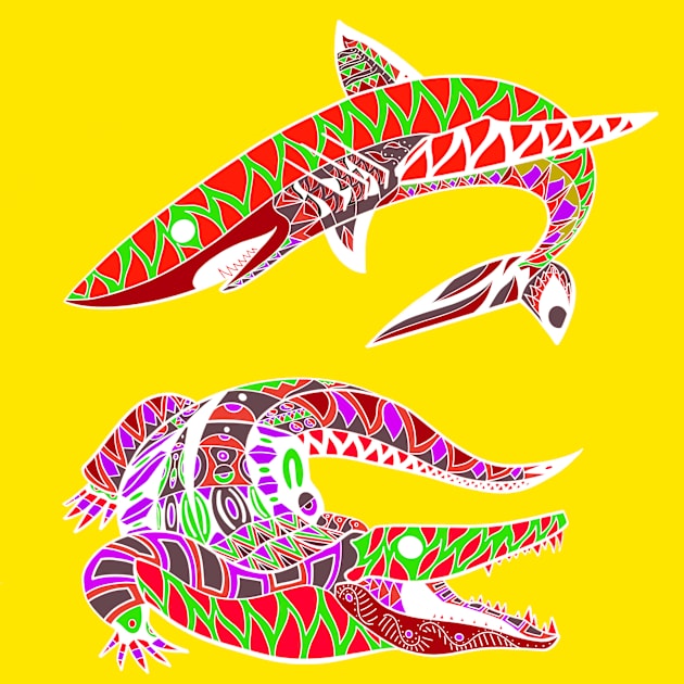 yellow shark and crocodile in kingdom art ecopop Kids T-Shirt by jorge_lebeau