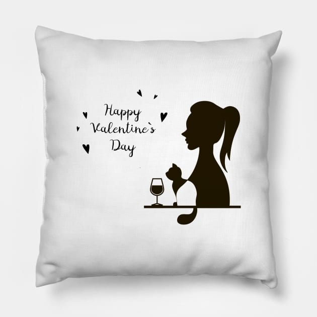 Happy Valentine`s Day female silhouette with the silhouette of a cat and a glass of wine Pillow by satinrain