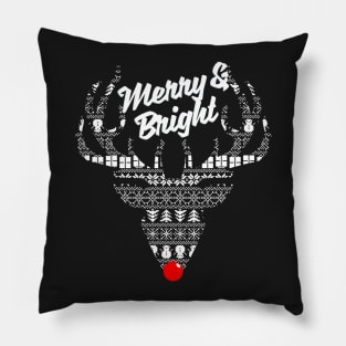 Merry and Bright - Christmas Red Nose Reindeer Pillow
