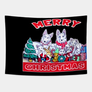 Dog Merry Christmas White German Shepherd Dog Family Holiday Fun Tapestry