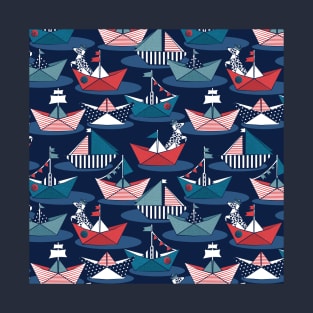 Origami dog day at the lake // pattern // navy blue background red teal and blue origami sail boats with cute Dalmatian T-Shirt