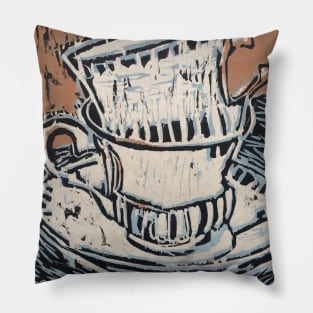 Teacup Woodcut Print Pillow