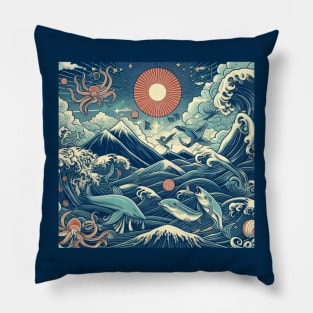 The Sea Wave and Sea Monster in Japanese Style Pillow