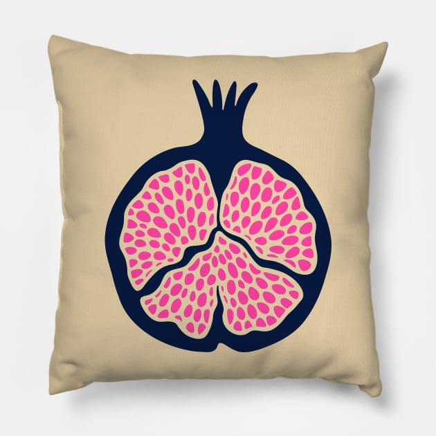 POMEGRANATE Fresh Plump Ripe Tropical Fruit in Dark Blue with Cream and Fuchsia Hot Pink Seeds - UnBlink Studio by Jackie Tahara Pillow by UnBlink Studio by Jackie Tahara