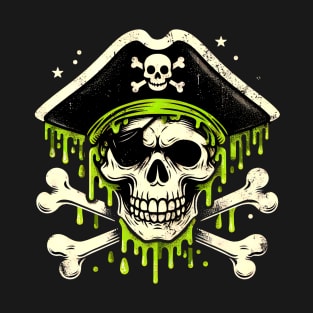 Pirate Skull Jolly Roger Calico Jack Bones Green Slime T-Shirt