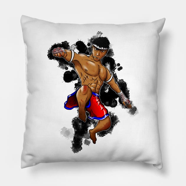 Muay Thai Fighter with black ink splats Pillow by YijArt