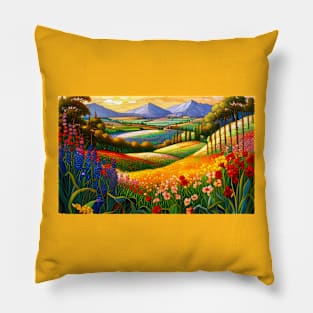 Stained Glass Colorful Mountain Meadow Pillow