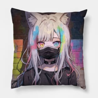 Kawaii Aesthetic Colorful Nekomimi Anime Cat Girl Graffiti Art Style Pillow