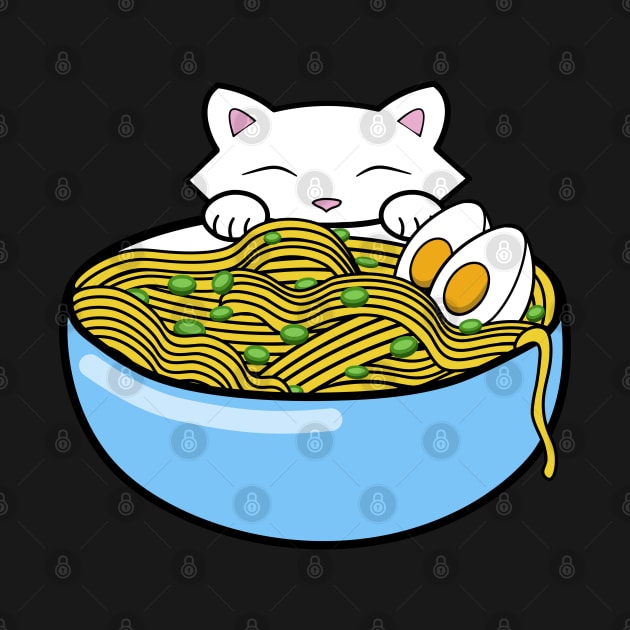 Cute white kitten eating a bowl of yummy ramen noodles by Purrfect