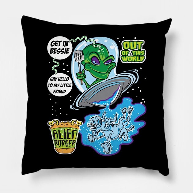 Alien Cow Abduction by an extraterrestrial in a UFO with a spatula Pillow by eShirtLabs