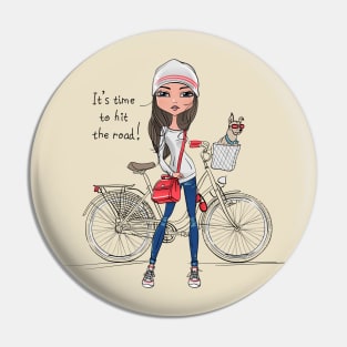 Hipster girl with bike and dog Pin