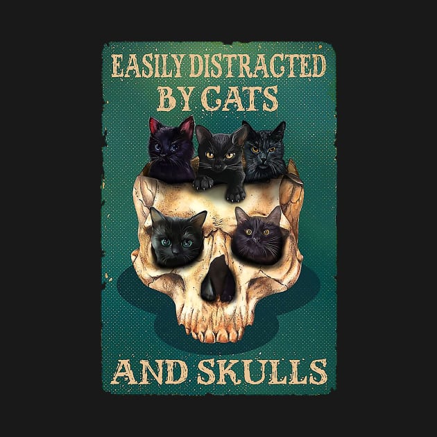 Easily Distracted By Cats And Skulls Skull Cat Lover by Delmonico2022