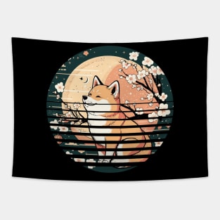 Shiba Inu Dog, Retro Sunset Style, Cherry Blossom, Japanese Tapestry