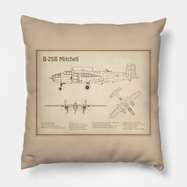 B-25B Mitchell Doolittle - Airplane Blueprint - SD Pillow by SPJE Illustration Photography
