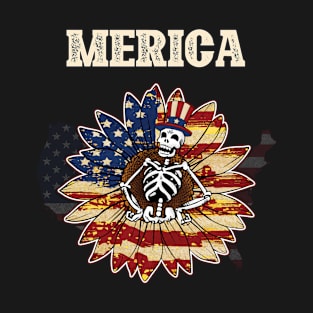 American Flag Skeleton Sunflower 4th of July T-Shirt