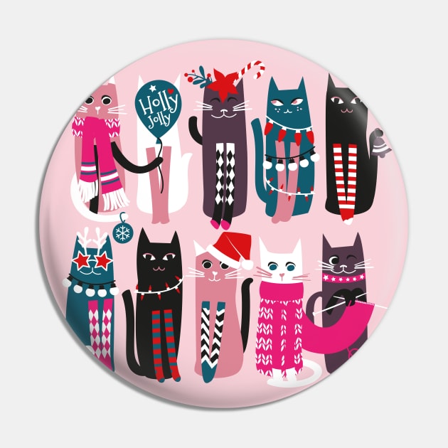 Feline Christmas vibes // print // pink background green fuchsia pink white and black kittens Pin by SelmaCardoso