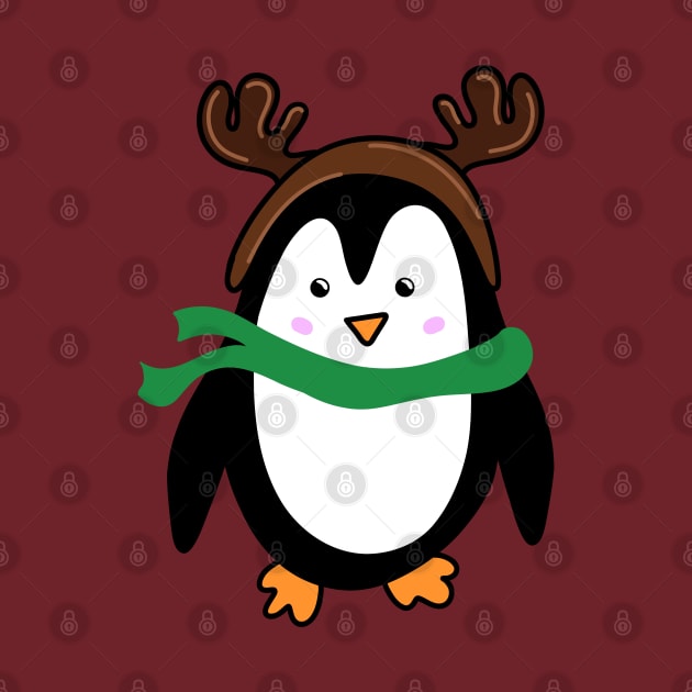 Festive Christmas Holiday Penguin Cartoon Doodle with Reindeer Antlers, made by EndlessEmporium by EndlessEmporium