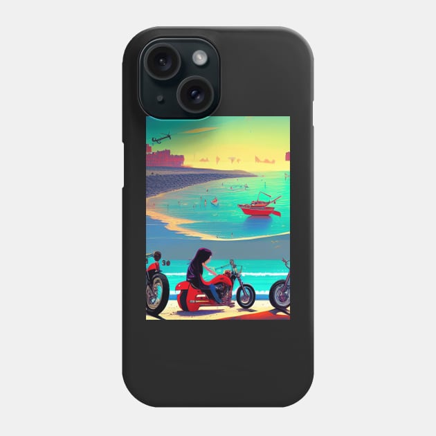 COOL GIRL ON BEACH WITH MOTORCYCLE RETRO Phone Case by sailorsam1805