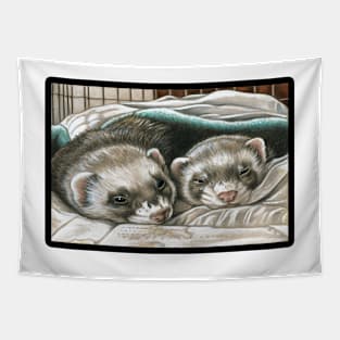 Napping Ferret Buddies - Black Outlined Version Tapestry