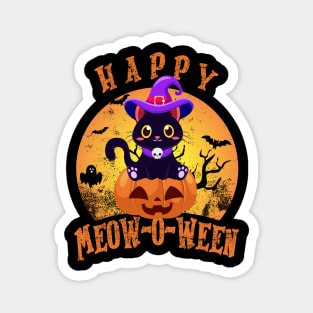 Happy Halloween Meowoween Cute Black Cat Witch Hat Vintage Magnet