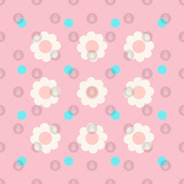 White and pink flowers with blue dots on turquoise background by marufemia