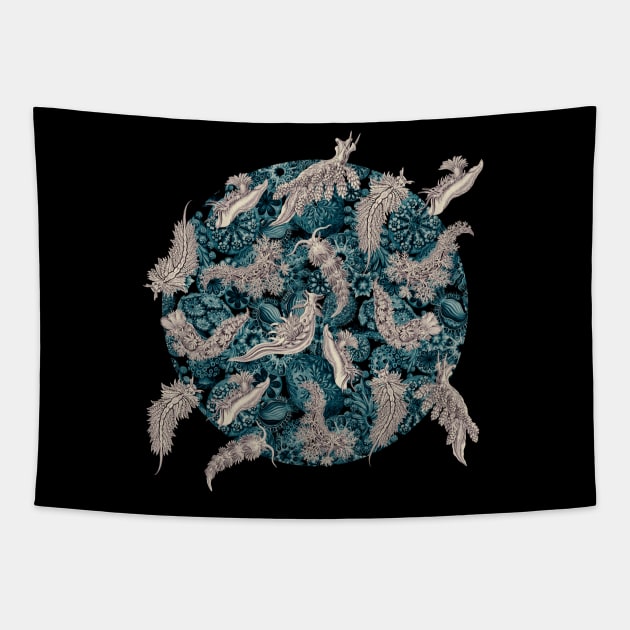 Ernst Haeckel Blue Hued Nudibranch on Cerulean Sea Squirts Tapestry by Scientistudio