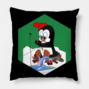 Penguin Cartoon Ice Fishing Pop Art Abstract Print Pillow