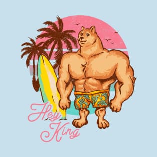 Swole Doge Chilling on the Beach | Hey King | Pink T-Shirt