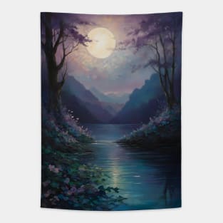 Moonlit Lake Surrounded by Blooming Trees and Mountain Range Tapestry