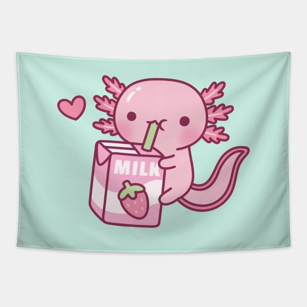 Cute Axolotl Drinking Strawberry Milk Doodle Tapestry by rustydoodle