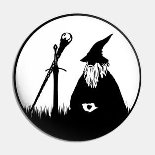 Moon Meditating Wizard - Minimalist Black and White Fantasy Silhouette Pin